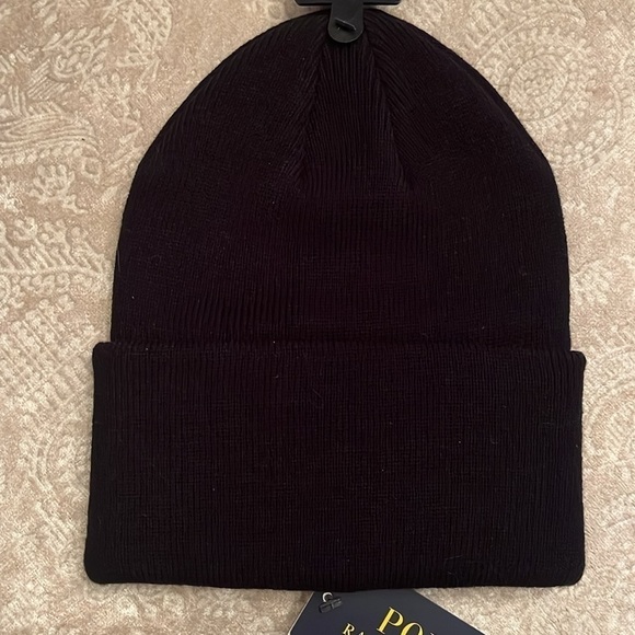 Brand New Polo Ralph Lauren Black Knit Stretch Beanie Hat Red Embroidered Pony - Picture 11 of 14